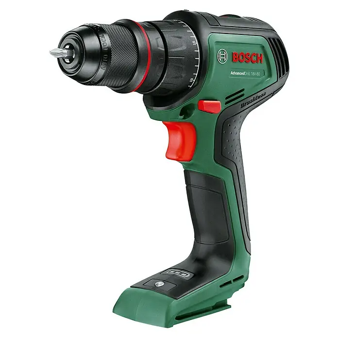Bosch Power for All 18V Akku-Bohrschrauber AdvancedDrill 18V-80 Quick Snap - 18 V, Ohne Akku, 78 Nm - Abbildung eines Bosch AdvancedDrill 18V-80 Akku-Bohrschraubers mit grüner und schwarzer Farbgebung auf schwarzem Hintergrund.
