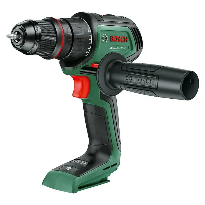 Bosch Power for All 18V Akku-Bohrschrauber AdvancedDrill 18V-80 Quick Snap - 18 V, Ohne Akku, 78 Nm - Akkuschrauber von Bosch, Modell AdvancedDrill 18V-80 mit Zusatzgriff, ideal für Bohrarbeiten. Das Gerät ist grün-schwarz.