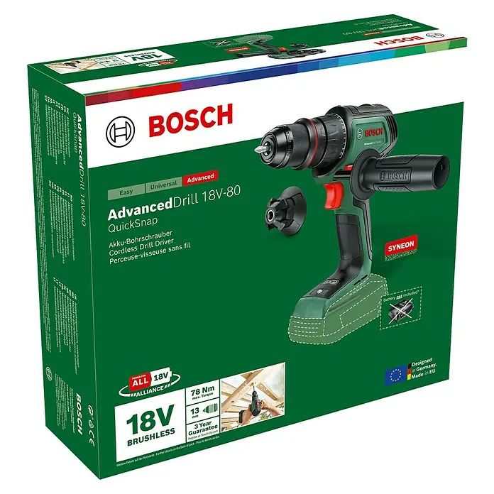 Bosch Power for All 18V Akku-Bohrschrauber AdvancedDrill 18V-80 Quick Snap - 18 V, Ohne Akku, 78 Nm - Bild einer Verpackung des Bosch AdvancedDrill 18V-80 Akku-Bohrschraubers mit QuickSnap-Funktion, ein vielseitiges Werkzeug für Heimwerker.