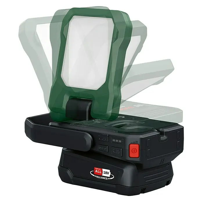 Bosch Power for All 18V Akku-Lampe Easy SpotLight 18V-400 - 18 V, Ohne Akku, 3 Helligkeitsstufen - Die Bosch Akku-Arbeitsleuchte mit flexiblem Leuchtenkopf und hoher Leuchtkraft für den vielseitigen Einsatz in Werkstatt und Baustelle.