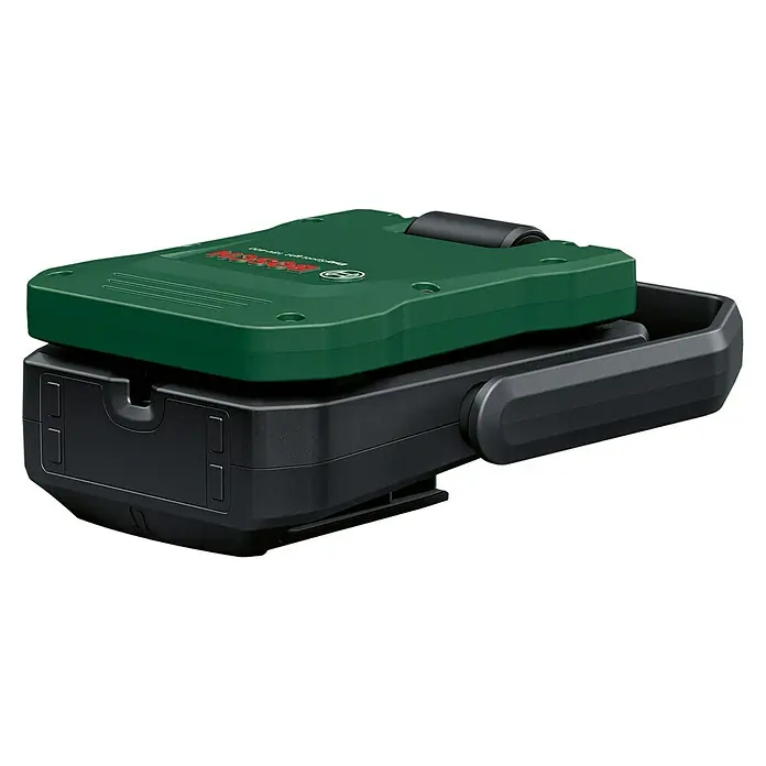 Bosch Power for All 18V Akku-Lampe Easy SpotLight 18V-400 - 18 V, Ohne Akku, 3 Helligkeitsstufen - Bild eines Bosch Indego Akkus. Der Akku ist grün und schwarz und hat einen Griff. Er ist für Bosch Indego Rasenmähroboter geeignet.