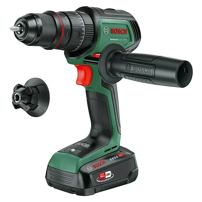 Bosch Power for All 18V Akku-Schlagbohrschrauber AdvancedImpact 18V-80 QuickSnap - 18 V, 1 Akku, 2,5 Ah, 82 Nm - Das Bild zeigt einen Akku-Bohrschrauber von Bosch, Modell AdvancedImpact 18V-80, mit Zubehör. Ein leistungsstarkes Werkzeug für vielfältige Anwendungen.
