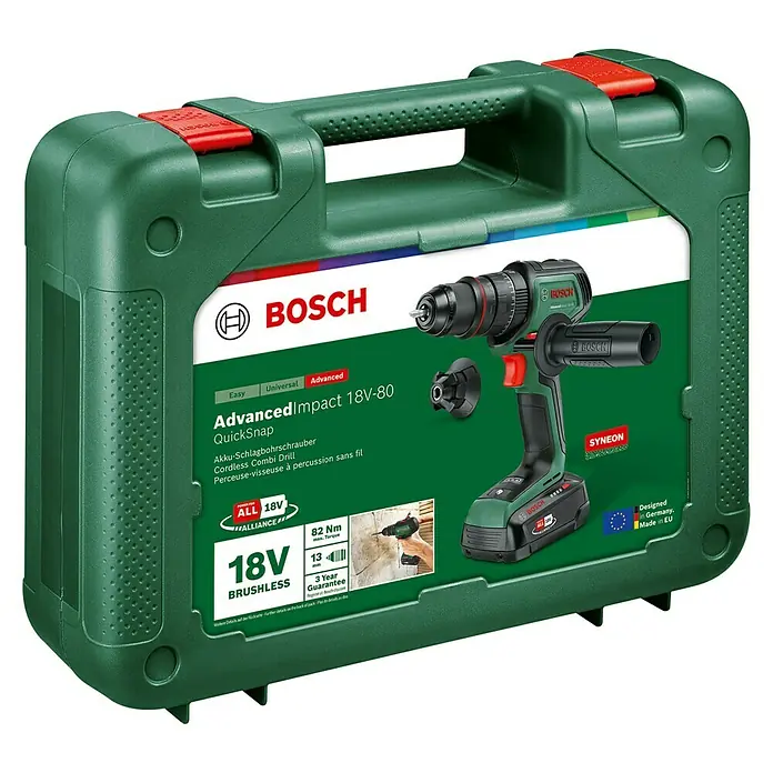 Bosch Power for All 18V Akku-Schlagbohrschrauber AdvancedImpact 18V-80 QuickSnap - 18 V, 1 Akku, 2,5 Ah, 82 Nm - Eine grüne Bosch AdvancedImpact 18V-80 QuickSnap Akku-Schlagbohrmaschine im dazugehörigen grünen Koffer mit rotem Verschluss.