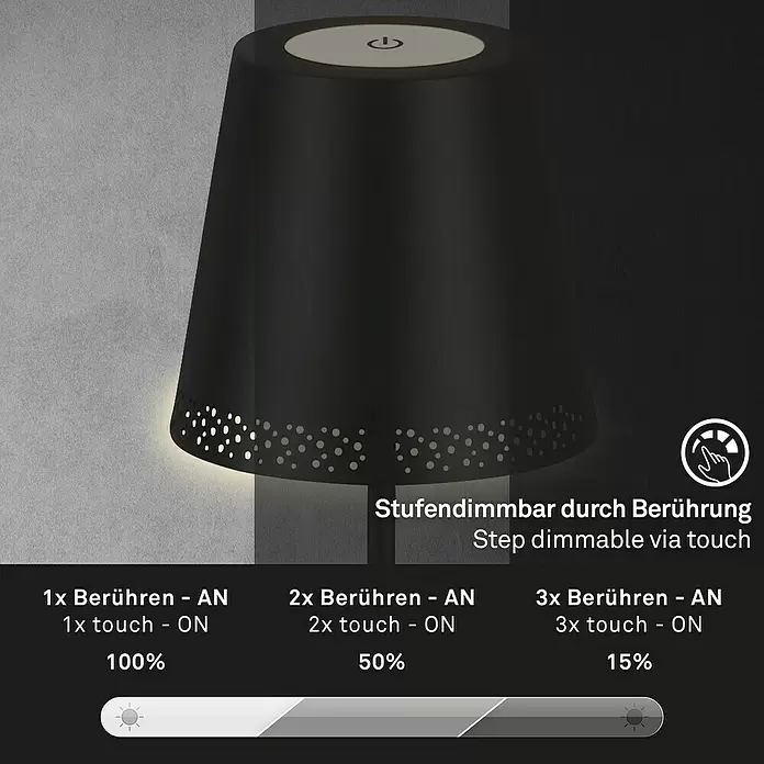 Brilo LED-Stehleuchte - 4,3 W, Höhe: 130 cm, Warmweiß - Schwarze perforierte Tischleuchte mit Touch-Dimmfunktion, zeigt 3 Helligkeitsstufen: 100%, 50% und 15%.