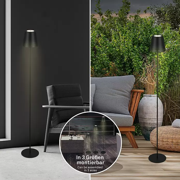 Brilo LED-Stehleuchte - 4,3 W, Höhe: 130 cm, Warmweiß - Schwarze Stehleuchte mit beleuchtetem Schirm, in Innen- und Außenbereichen gezeigt, in 3 Größen montierbar.
