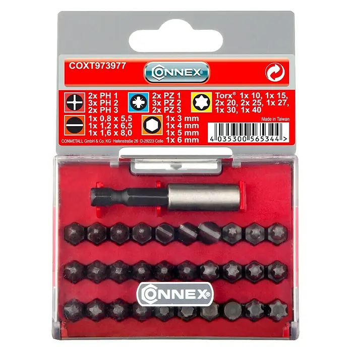 Connex Set de puntas COXT973977 - 31 pzs. - Imagen de un juego de puntas Connex que contiene varias puntas de destornillador en diferentes tamaños y formas para aplicaciones versátiles.