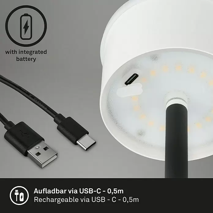 Brilo LED-Stehleuchte - 4,3 W, Höhe: 130 cm, Warmweiß - Weiße Lampe mit integriertem Akku, USB-C Anschluss und schwarzem USB-C Ladekabel.