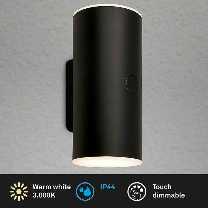 Briloner Akku-Wandleuchte Lima - 15,5 x 7 x 8 cm, Schwarz, Warmweiß, 6 W, IP44 - Wandleuchte in Schwarz mit warmweißem Licht (3.000K), IP44-Schutz und Touch-Dimmer. Ideal für den Außenbereich.