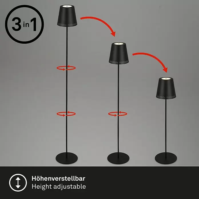 Brilo LED-Stehleuchte - 4,3 W, Höhe: 130 cm, Warmweiß - Schwarze höhenverstellbare Stehlampe, gezeigt in drei verschiedenen Höhen. Der Stiel lässt sich durch Drehen anpassen.