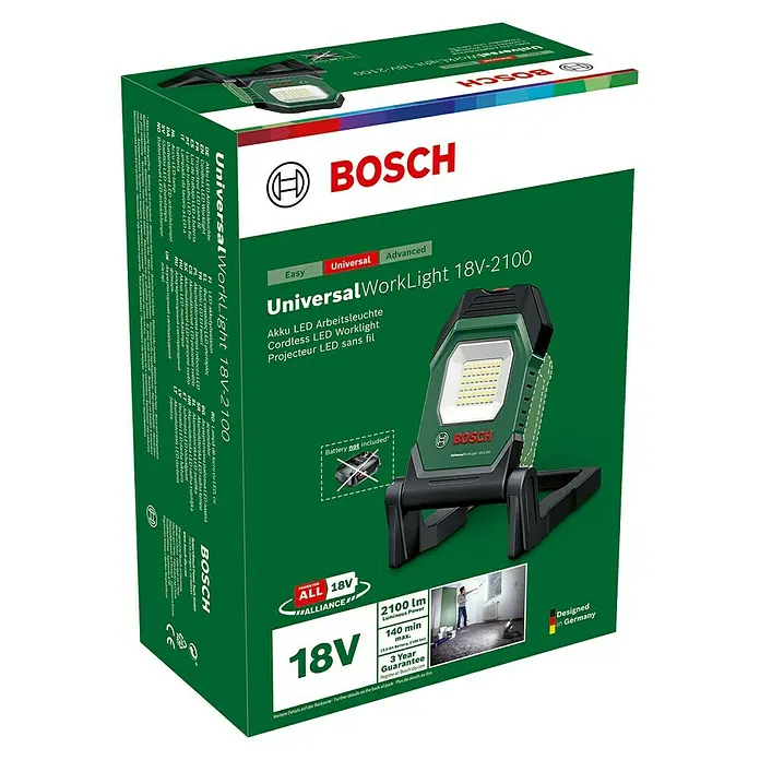 Bosch Power for All 18V Akku-Lampe UniversalWorkLight 18V-2100 - 18 V, Ohne Akku, 3 Helligkeitsstufen - Bosch UniversalWorklight 18V-2100 Akku-LED-Arbeitsleuchte im grünen Karton. Die Akku-Lampe ist kabellos und ideal für Werkstattarbeiten.
