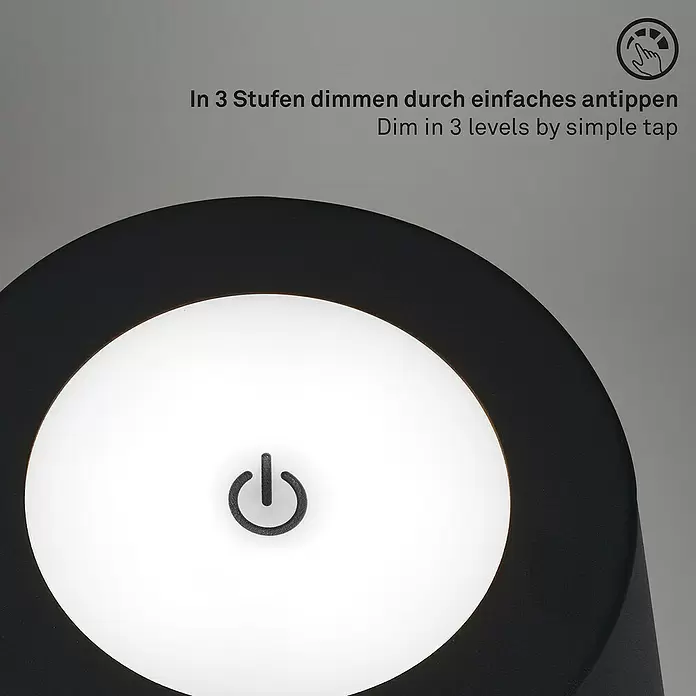 Brilo LED-Stehleuchte - 4,3 W, Höhe: 130 cm, Warmweiß - Schwarze dimmbare Lampe mit kreisförmigem weißem Licht und Power-Symbol, mit 3-Stufen-Tippdimmung.
