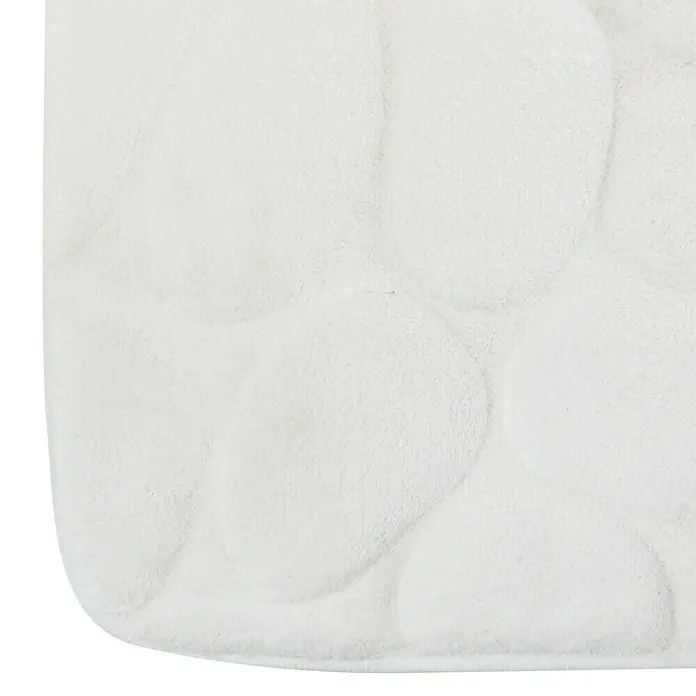 MSV Alfombra de baño Piedras B - 80 x 50 cm, Poliéster, Blanco - Primer plano de una alfombra de baño blanca y suave con patrones ovalados en relieve, que ofrece una sensación suave y confortable bajo los pies.