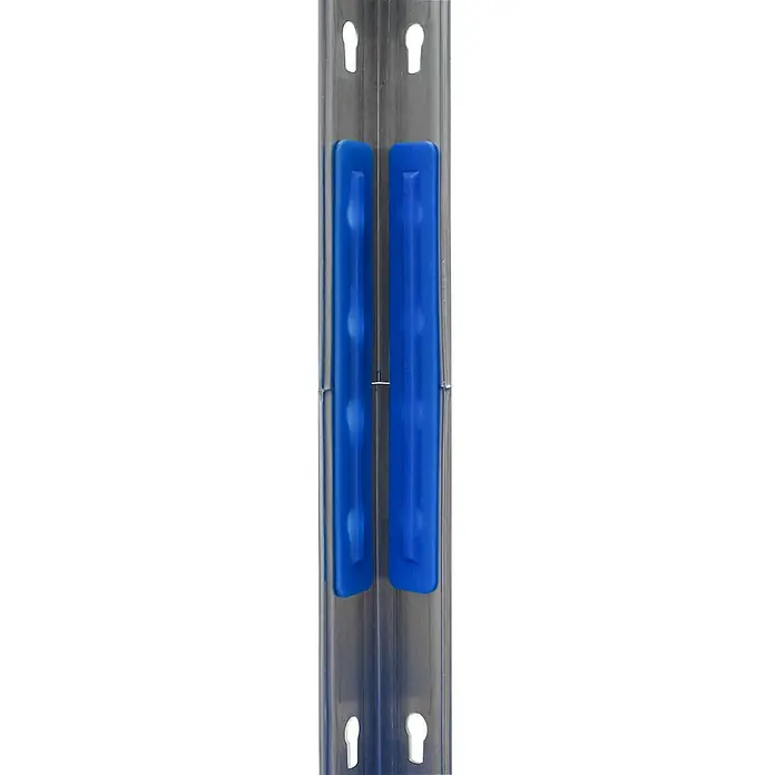AR Shelving Metallregal Horeca - H x B x T: 180 x 110 x 50 cm, Traglast pro Boden: 175 kg, Anzahl Böden: 4 Stk., Stecken, Silber/Blau - Nahaufnahme einer Metallschiene mit zwei blauen Dokumentenklammern, die für die Organisation und Archivierung von Papier verwendet werden.