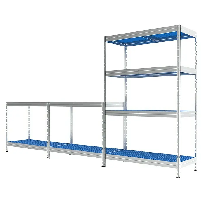 AR Shelving Metallregal Horeca - H x B x T: 180 x 110 x 50 cm, Traglast pro Boden: 175 kg, Anzahl Böden: 4 Stk., Stecken, Silber/Blau - Abbildung eines modularen Regalsystems mit Metallrahmen und blauen Böden, ideal für Lagerung. Das System ist erweiterbar und bietet viel Stauraum.