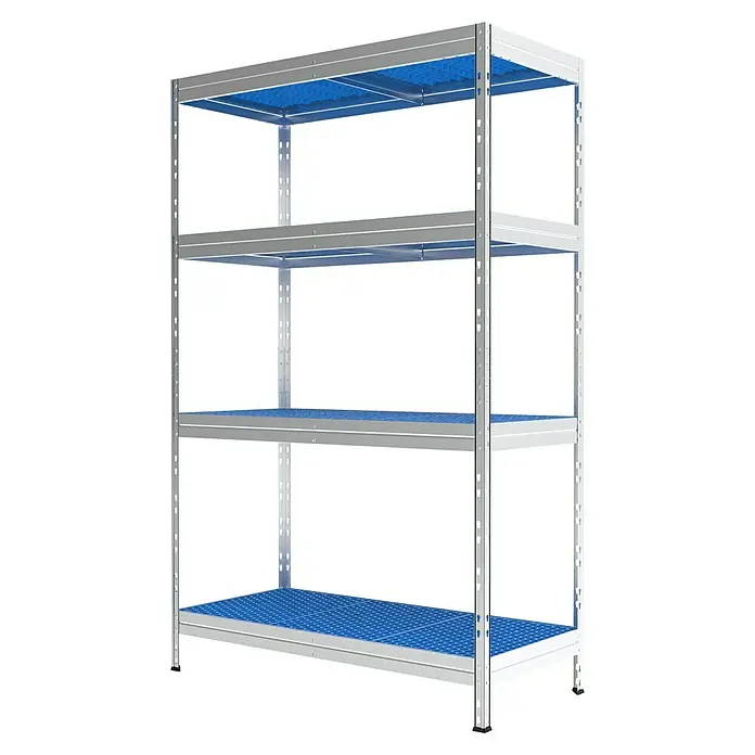 AR Shelving Metallregal Horeca - H x B x T: 180 x 110 x 50 cm, Traglast pro Boden: 175 kg, Anzahl Böden: 4 Stk., Stecken, Silber/Blau - Regal mit vier Ablagen in silberner Ausführung und blauen Auflageflächen, ideal für Lagerung und Organisation.