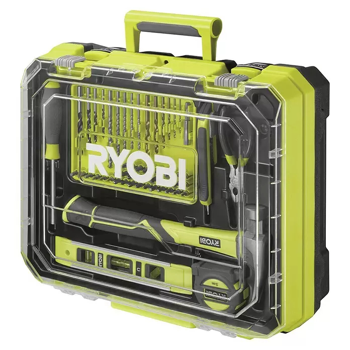 Ryobi ONE+ Akku-Bohrschrauber "Heimwerker-Set" RDD18-2C20TAH - 18 V, 2 Akkus, 2 Ah, 52 Nm - Ryobi Werkzeugset in einem transparenten und lindgrünen Kunststoffkoffer, mit Bohrer, Schraubendreher, Hammer, Wasserwaage und Maßband.