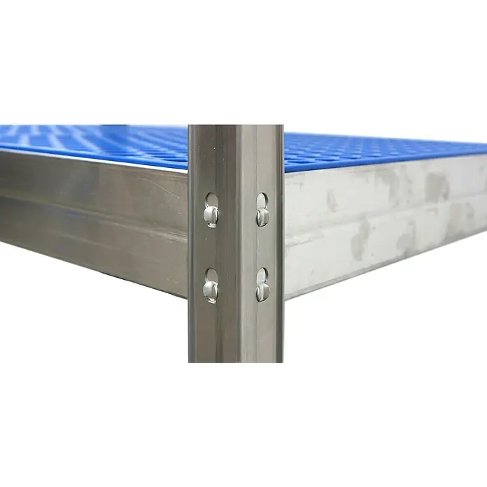 AR Shelving Metallregal Horeca - H x B x T: 180 x 110 x 50 cm, Traglast pro Boden: 175 kg, Anzahl Böden: 4 Stk., Stecken, Silber/Blau - Nahaufnahme eines Metallregals mit blauer Ablage, das Stabilität und Funktionalität vereint.