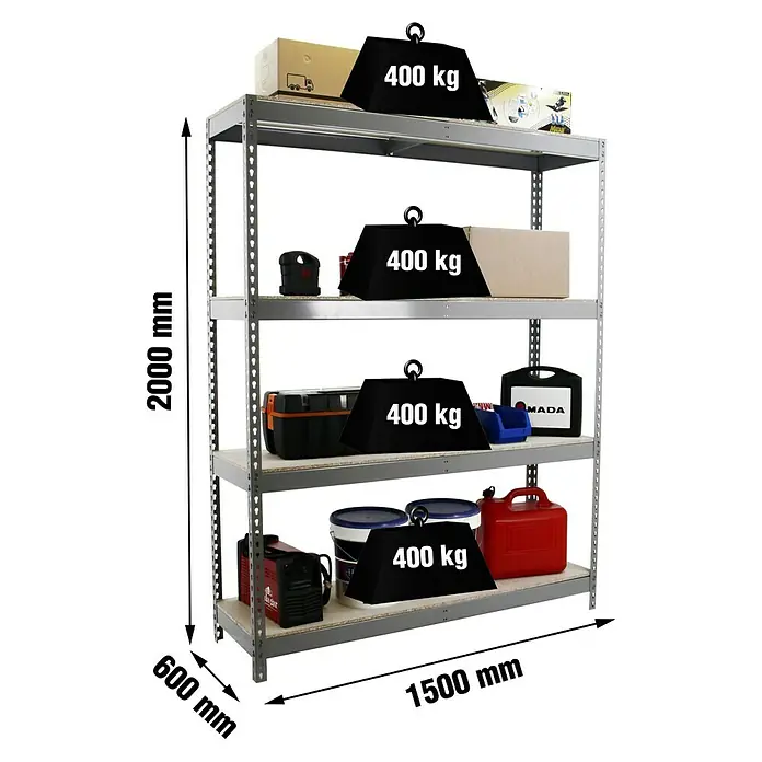 Simonrack Ecoforte Schwerlastregal Chipboard - H x B x T: 200 x 150 x 60 cm, Traglast pro Boden: 400 kg, Anzahl Böden: 4 Stk., Stecken, Grau - Abbildung eines stabilen Metallregals mit vier Ebenen, belastbar bis 400 kg pro Ebene, ideal für Lagerung und Organisation.