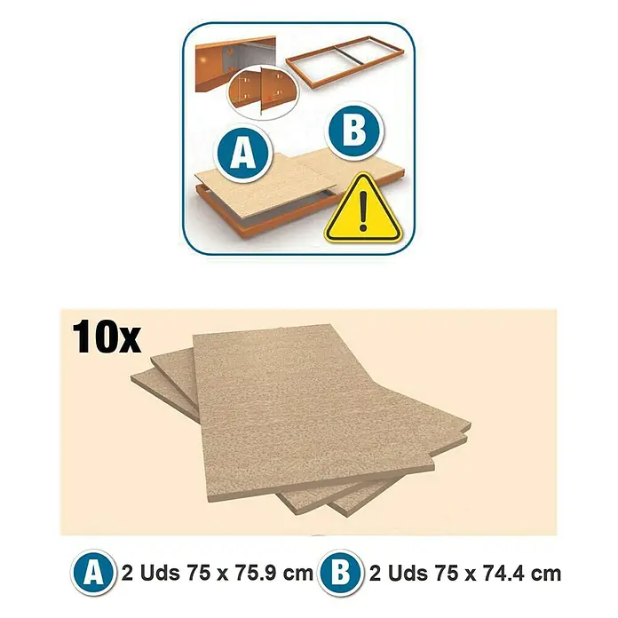 Simonrack Ecoforte Schwerlastregal Chipboard - H x B x T: 200 x 150 x 75 cm, Traglast pro Boden: 400 kg, Anzahl Böden: 5 Stk., Stecken, Blau/Orange - Darstellung von 10 Holzplatten mit den Maßen 75 x 75,9 cm (A) und 75 x 74,4 cm (B) zur Möbelmontage.