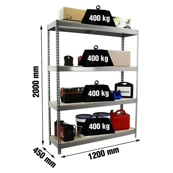 Simonrack Ecoforte Schwerlastregal Chipboard - H x B x T: 200 x 120 x 45 cm, Traglast pro Boden: 400 kg, Anzahl Böden: 4 Stk., Stecken, Grau - Abbildung eines Schwerlastregals mit vier Ebenen und einer maximalen Traglast von 400 kg pro Ebene.