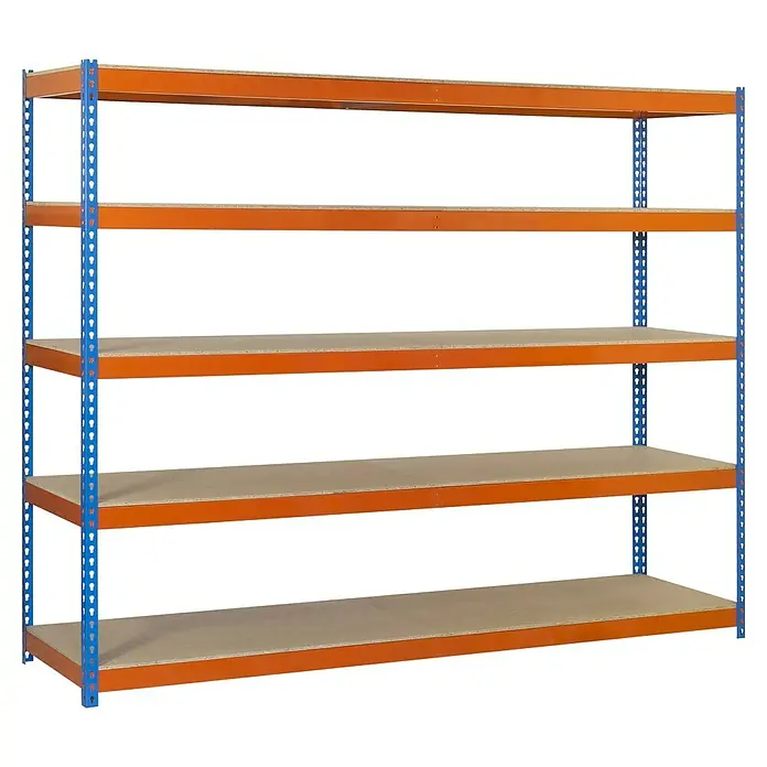 Simonrack Ecoforte Schwerlastregal Chipboard - H x B x T: 200 x 120 x 60 cm, Traglast pro Boden: 400 kg, Anzahl Böden: 5 Stk., Stecken, Blau/Orange - Ein großes, blaues und orangefarbenes Lagerregal mit fünf Regalböden, ideal für Lagerung und Organisation in Lagerhallen und Werkstätten.
