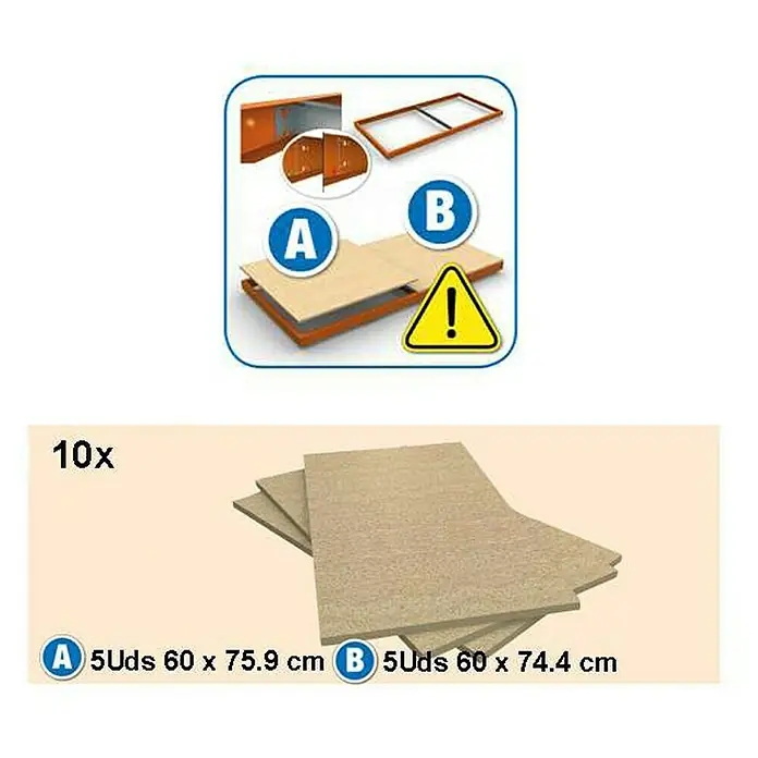 Simonrack Ecoforte Schwerlastregal Chipboard - H x B x T: 200 x 150 x 60 cm, Traglast pro Boden: 400 kg, Anzahl Böden: 5 Stk., Stecken, Blau/Orange - Abbildung zeigt 10 Holzplatten, davon 5 Stück 60 x 75.9 cm (A) und 5 Stück 60 x 74.4 cm (B), zur Montage eines Möbelstücks.