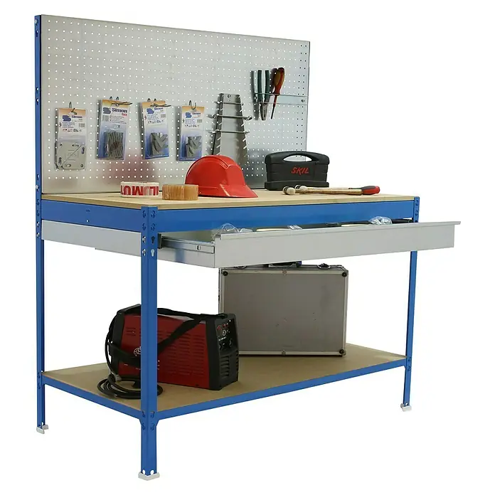 Simonrack Simonwork Banco de trabajo BT2 Ecowork - L x An: 61 x 121 cm, Altura de trabajo: 144,5 cm, Carga soportada: 340 kg, Azul - Banco de trabajo con herramientas, caja de herramientas, tornillo de banco y estantes para guardar herramientas. El carro de herramientas ofrece mucho espacio.