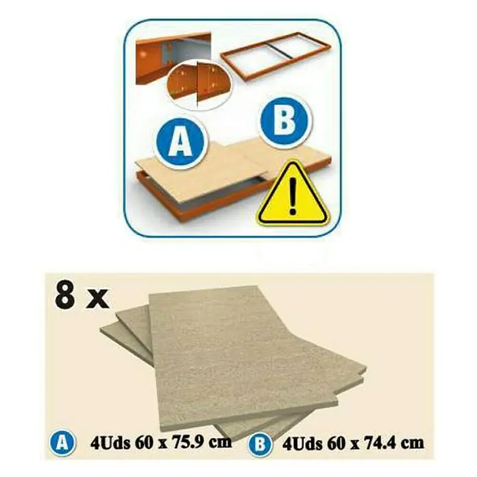 Simonrack Ecoforte Schwerlastregal Chipboard - H x B x T: 200 x 150 x 60 cm, Traglast pro Boden: 400 kg, Anzahl Böden: 4 Stk., Stecken, Blau/Orange - Produktdiagramm mit Bauteilen und Warnhinweis, darunter 8 Holzplatten in zwei Größen.
