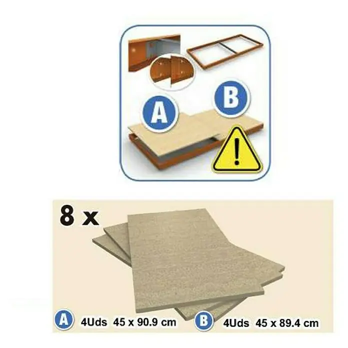 Simonrack Ecoforte Schwerlastregal Chipboard - H x B x T: 200 x 180 x 45 cm, Traglast pro Boden: 400 kg, Anzahl Böden: 4 Stk., Stecken, Blau/Orange - Produktabbildung mit 8 Holzplatten, davon 4 mit den Maßen 45 x 90.9 cm (A) und 4 mit den Maßen 45 x 89.4 cm (B).