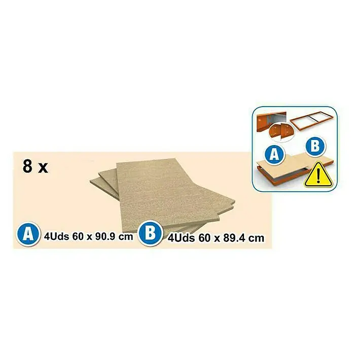 Simonrack Ecoforte Schwerlastregal Chipboard - H x B x T: 200 x 180 x 60 cm, Traglast pro Boden: 400 kg, Anzahl Böden: 4 Stk., Stecken, Blau/Orange - Produktbild mit acht Holzplatten, davon vier mit den Maßen 60 x 90,9 cm (A) und vier mit 60 x 89,4 cm (B).