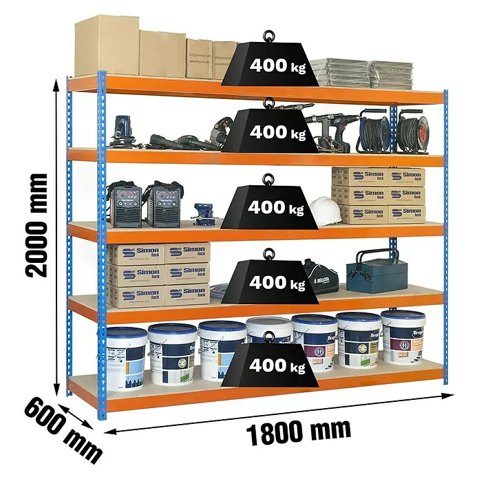 Simonrack Ecoforte Schwerlastregal Chipboard - H x B x T: 200 x 180 x 60 cm, Traglast pro Boden: 400 kg, Anzahl Böden: 5 Stk., Stecken, Blau/Orange - Darstellung eines robusten Schwerlastregals mit fünf Ebenen, voll beladen und mit Gewichtsangaben versehen.