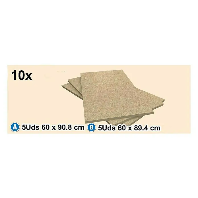 Simonrack Ecoforte Schwerlastregal Chipboard - H x B x T: 200 x 180 x 60 cm, Traglast pro Boden: 400 kg, Anzahl Böden: 5 Stk., Stecken, Blau/Orange - Bild von 10 Holzplatten, davon 5 Stück 60 x 90.8 cm und 5 Stück 60 x 89.4 cm groß. Ideal für Möbelbau und Heimwerkerprojekte.