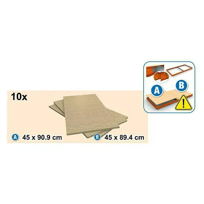 Simonrack Ecoforte Schwerlastregal Chipboard - H x B x T: 200 x 180 x 45 cm, Traglast pro Boden: 400 kg, Anzahl Böden: 5 Stk., Stecken, Blau/Orange - Produktabbildung mit 10 Holzplatten und Größenangaben für A (45 x 90,9 cm) und B (45 x 89,4 cm) zur Möbelmontage.