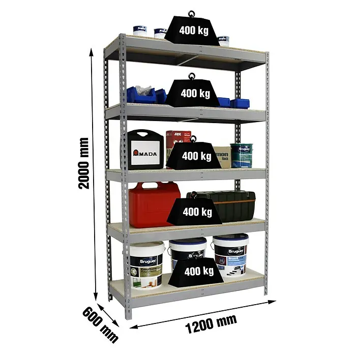 Simonrack Ecoforte Schwerlastregal Chipboard - H x B x T: 200 x 120 x 60 cm, Traglast pro Boden: 400 kg, Anzahl Böden: 5 Stk., Stecken, Grau - Regal mit fünf Ebenen, beladen mit Farbeimern und Werkzeugen, wobei jede Ebene eine Last von 400 kg trägt.