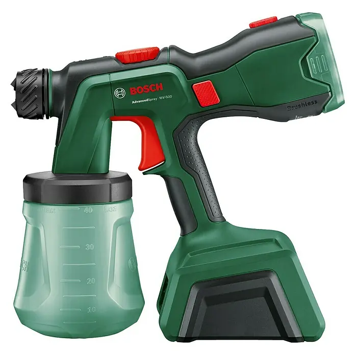 Bosch Power for All 18V Akku-Farbsprühsystem AdvancedSpray 18V-500 - 18 V, Ohne Akku, Max. Fördermenge: 500 l/h - Das Bild zeigt eine Bosch AdvancedSpray 18V-500 Farbspritzpistole in Grün und Schwarz mit roten Akzenten. Sie ist kabellos und wird mit Akku betrieben.