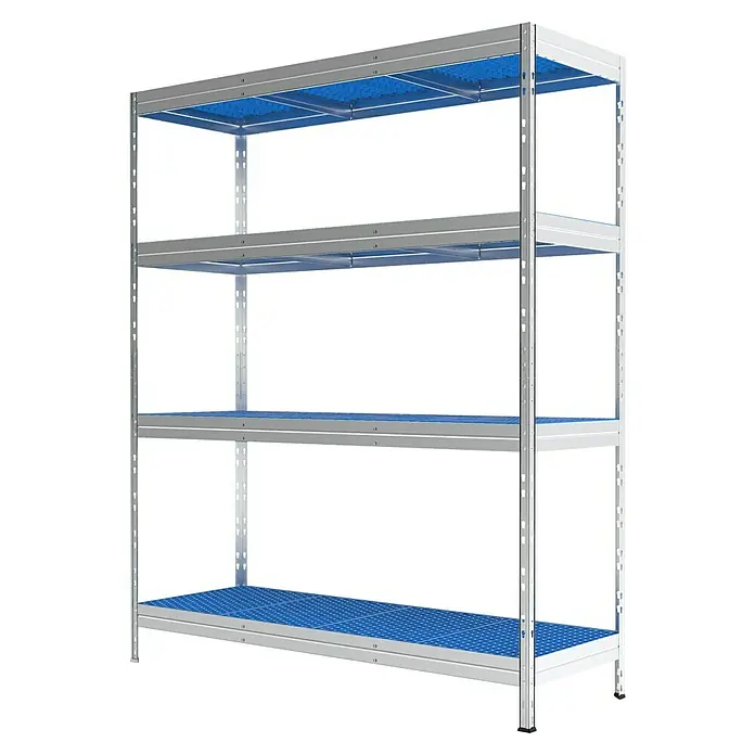 AR Shelving Metallregal Horeca - H x B x T: 180 x 150 x 50 cm, Traglast pro Boden: 175 kg, Anzahl Böden: 4 Stk., Stecken, Silber/Blau - Bild eines silbernen Metallregals mit vier blauen Regalböden, ideal für Lagerung und Organisation.