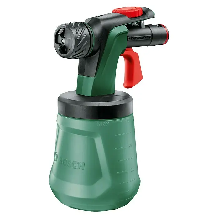 Bosch Power for All 18V Akku-Farbsprühsystem AdvancedSpray 18V-500 - 18 V, Ohne Akku, Max. Fördermenge: 500 l/h - Das Bild zeigt einen Bosch Farbsprühsystem mit einem grünen Behälter, einem schwarzen Sprühkopf und einem roten Griff.