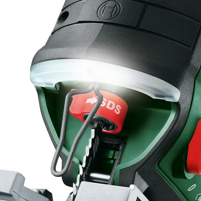 Bosch Power for All 18V Sierra de calar de batería AdvancedSaw 18V-140 - 18 V, Sin batería, Número de carreras marcha en vacío: 3.000 /min - Primer plano de una sierra de calar Bosch con sistema SDS para cambios rápidos de hoja y luz LED integrada para iluminar la zona de trabajo.