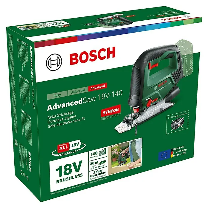 Bosch Power for All 18V Akku-Stichsäge Advanced Saw 18V-140 - 18 V, Ohne Akku, Leerlaufhubzahl: 3.000 /min - Abbildung der Verpackung der Akku-Stichsäge Bosch AdvancedSaw 18V-140, die das Produkt und seine wichtigsten Merkmale hervorhebt.