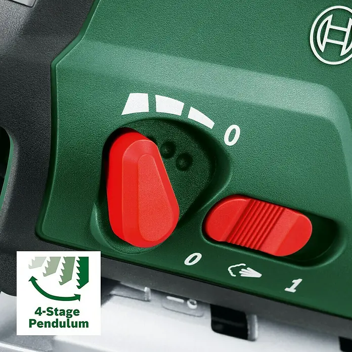 Bosch Power for All 18V Akku-Stichsäge Advanced Saw 18V-140 - 18 V, Ohne Akku, Leerlaufhubzahl: 3.000 /min - Nahaufnahme einer Stichsäge mit rotem Knopf und Schieberegler zur Einstellung der Pendelhubzahl.