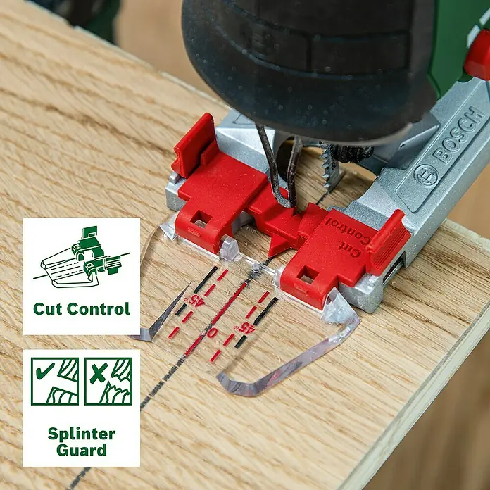Bosch Power for All 18V Akku-Stichsäge Advanced Saw 18V-140 - 18 V, Ohne Akku, Leerlaufhubzahl: 3.000 /min - Detailaufnahme einer Bosch Stichsäge mit Schnittkontrolle und Splitterschutz beim Schneiden von Holz.