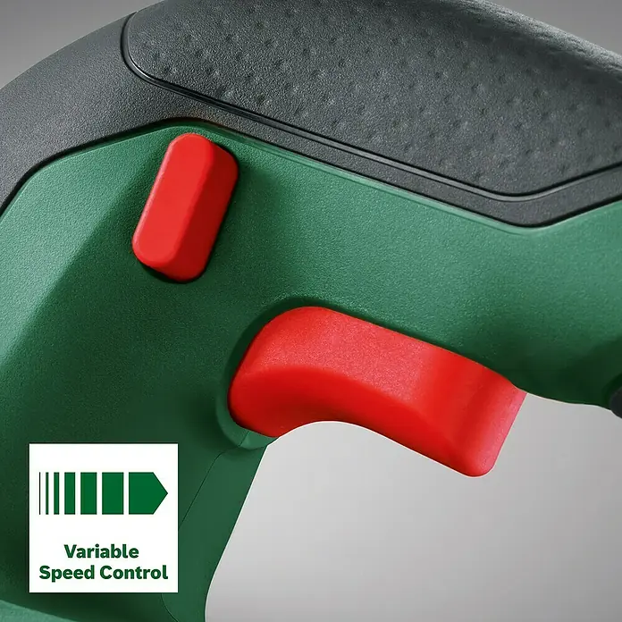 Bosch Power for All 18V Akku-Stichsäge Advanced Saw 18V-140 - 18 V, Ohne Akku, Leerlaufhubzahl: 3.000 /min - Detailansicht einer grünen Bosch-Heckenschere mit roten Bedienelementen und dem Symbol für variable Geschwindigkeitsregelung.
