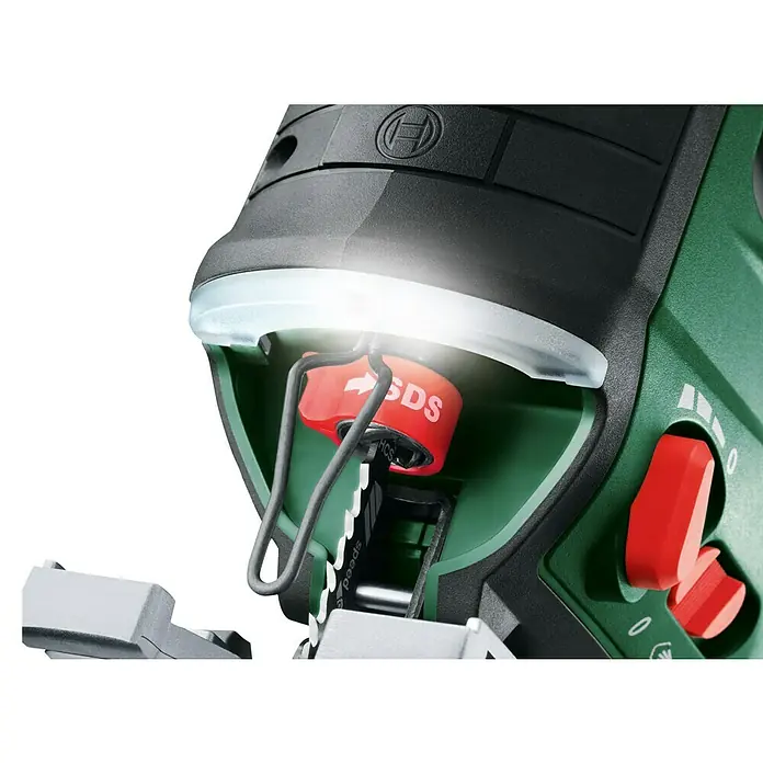 Bosch Power for All 18V Akku-Stichsäge Advanced Saw 18V-140 - 18 V, Ohne Akku, Leerlaufhubzahl: 3.000 /min - Nahaufnahme einer Bosch Stichsäge, die die SDS-Funktion und das integrierte Licht hervorhebt, für präzise Schnitte.