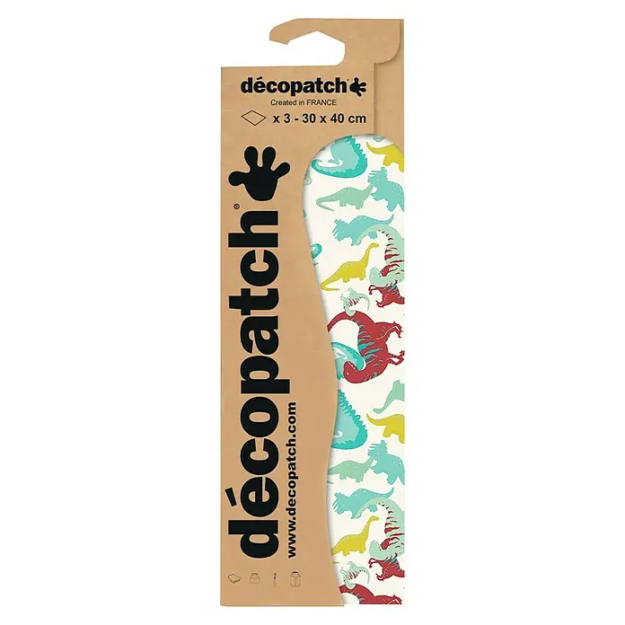 Décopatch Papel decorativo Dinosaurio - 3 ud., 40 x 30 cm - Papel Décopatch con diseño de dinosaurios, ideal para proyectos de manualidades y diseño creativo de superficies con motivos.