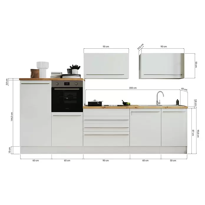 Respekta Premium Küchenzeile Gabriel - Breite: 320 cm, Weiß, Mit Elektrogeräten, Induktionskochfeld mit integrierter Dunstabzugshaube - Weiße Küchenzeile mit Holzplatte, integriertem Backofen und Spüle, mit detaillierten Maßen.