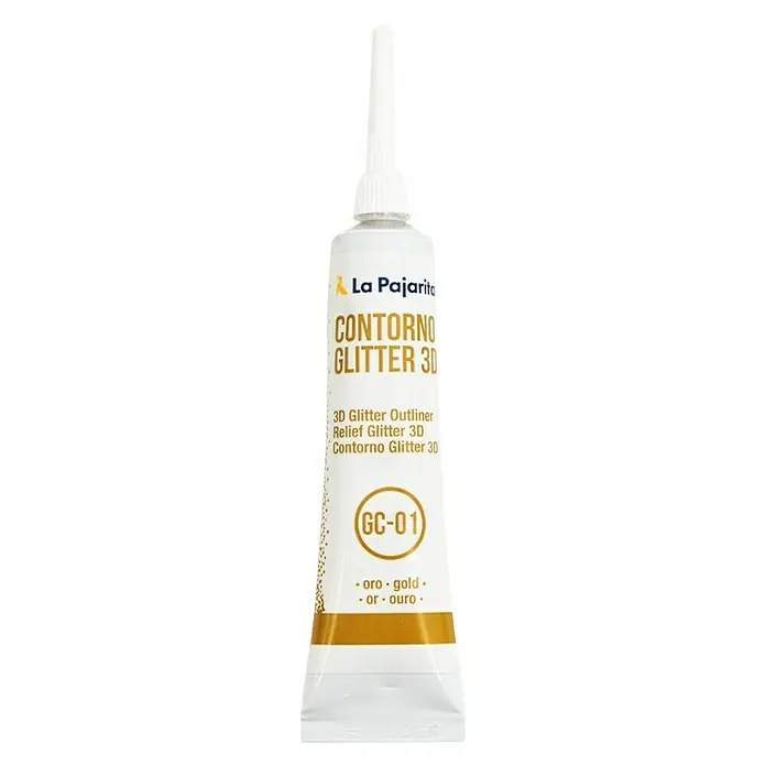 La Pajarita Pintura tejidos Contorno Gliter - Oro viejo, 20 ml - Imagen del producto de una pintura en relieve La Pajarita Contorno Glitter 3D en dorado. Ideal para detalles brillantes.