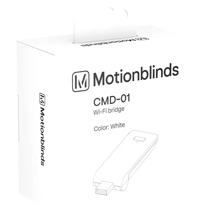 WiFi-Bridge MotionBlinds Smart Home - Passend für: MotionBlinds Rollo-Motor CMD-02 Pull und CMD-03 Bluetooth, Weiß - Abbildung einer weißen Verpackung der Motionblinds CMD-01 Wi-Fi Bridge, mit Produktdetails und Designzeichnung des Geräts.