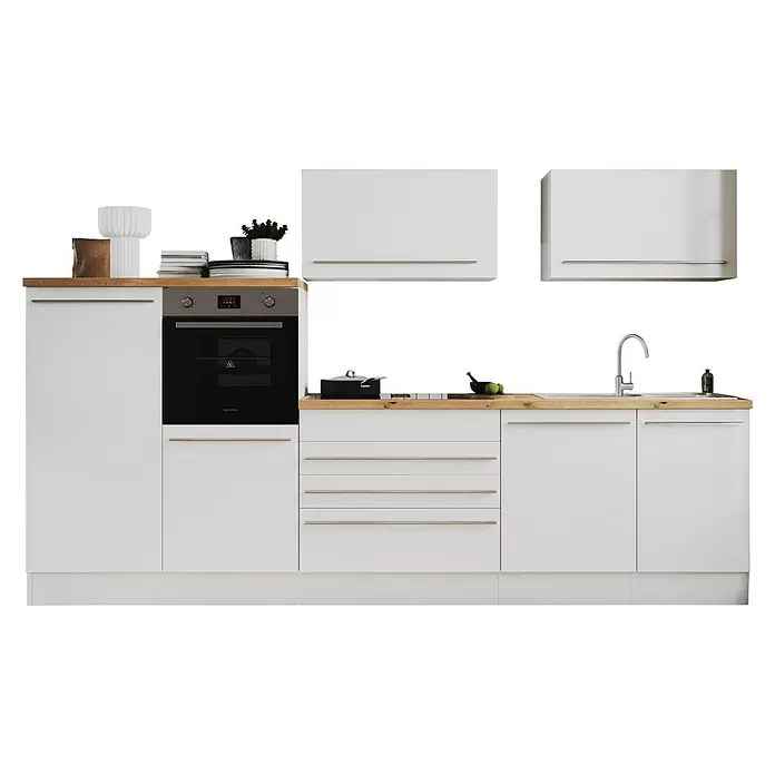 Respekta Premium Küchenzeile Gabriel - Breite: 320 cm, Weiß, Mit Elektrogeräten, Induktionskochfeld mit integrierter Dunstabzugshaube - Moderne weiße Küchenschränke mit Holztheke, Einbauofen, Spüle und Hängeschränken. Integrierte Geräte und funktionales Design.