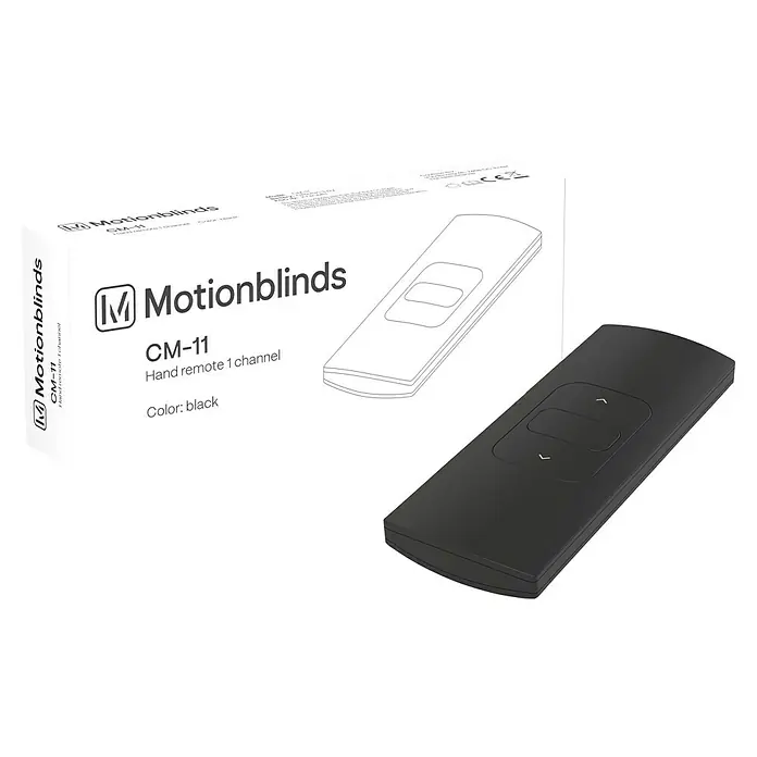 Funkhandsender MotionBlinds Smart Home Remote Control - 1-Kanal - Ein Motionblinds CM-11 Handsender in Schwarz, zusammen mit seiner Verpackung, präsentiert ein modernes Design und einfache Funktionalität.