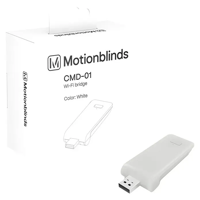 WiFi-Bridge MotionBlinds Smart Home - Passend für: MotionBlinds Rollo-Motor CMD-02 Pull und CMD-03 Bluetooth, Weiß - Ein weißer Motionblinds CMD-01 Wi-Fi-Bridge mit seiner Verpackung. Kompakt und stilvoll für die Heimautomation.